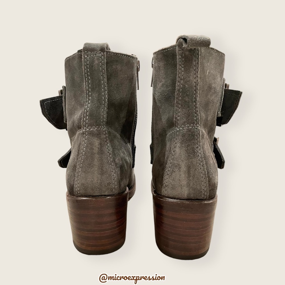 $399 Frye Sabrina Double Buckle Academia Grey Suede Leather Block Heel AnkleBoot - Picture 13 of 16